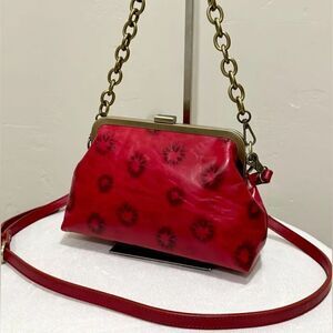 Red Cowhide Leather Handmade Push-lock Purse/Crossbody Includes  Small Clutch